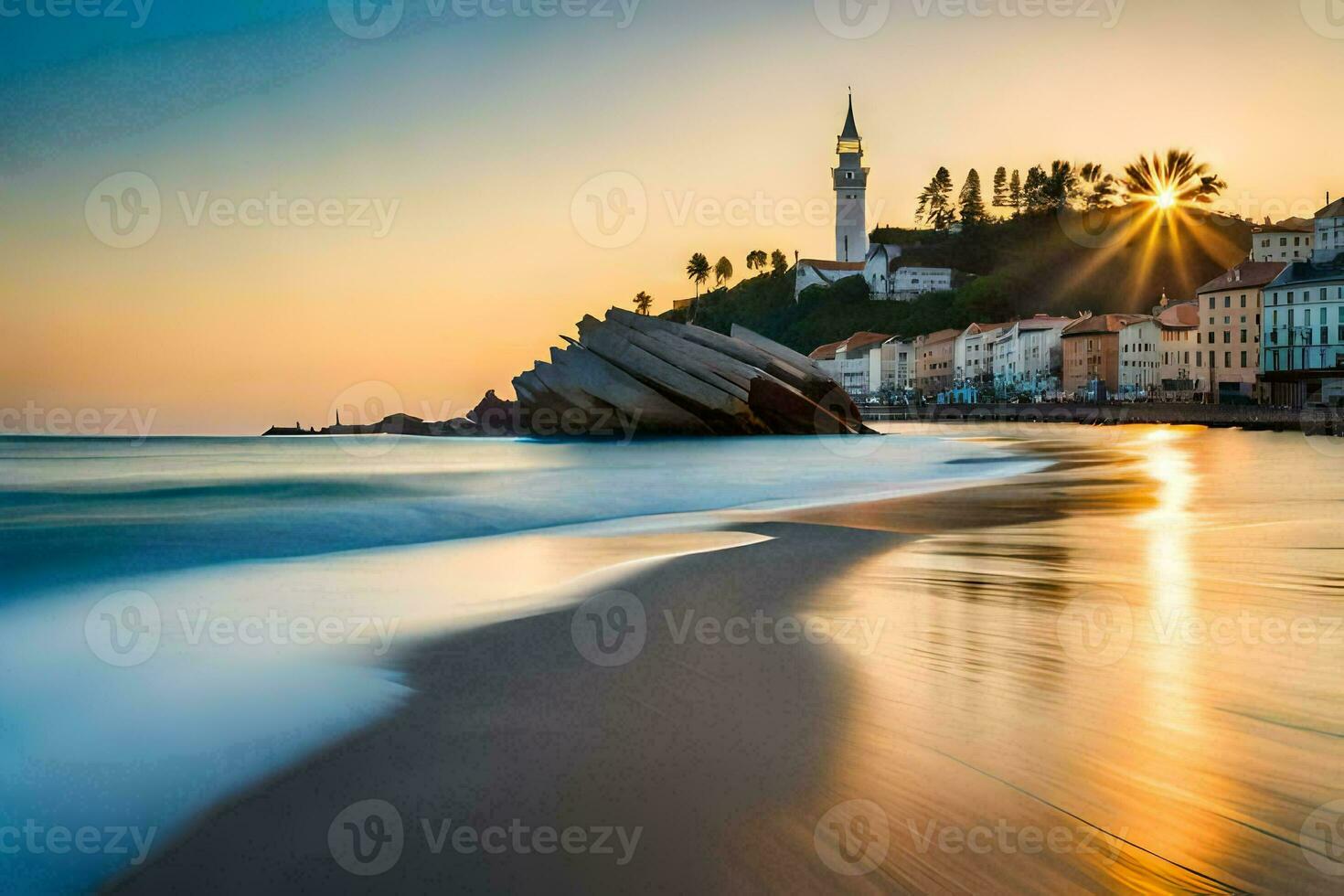 el Dom conjuntos terminado un playa con un faro. generado por ai foto