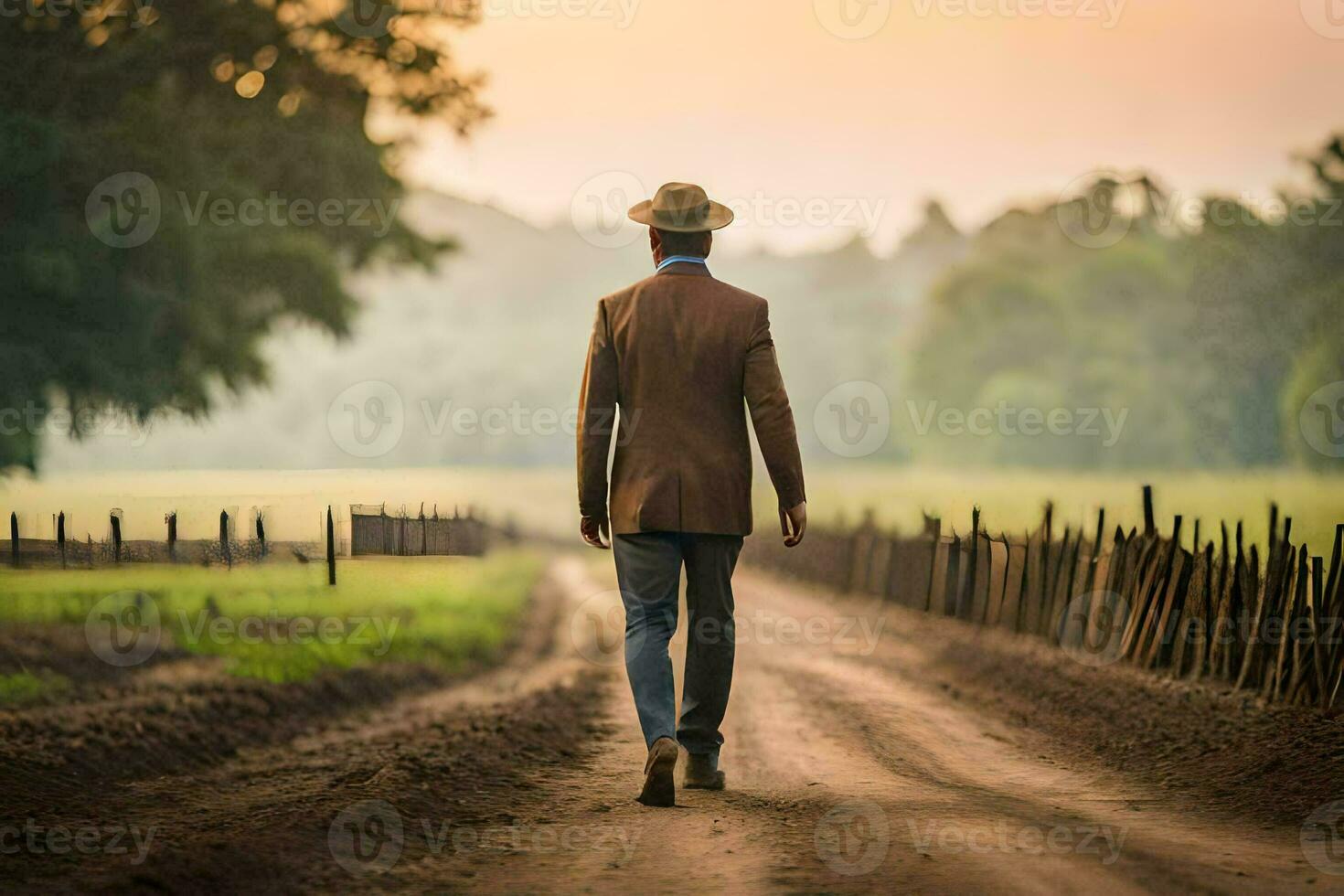 un hombre en un sombrero camina abajo un suciedad la carretera. generado por ai foto