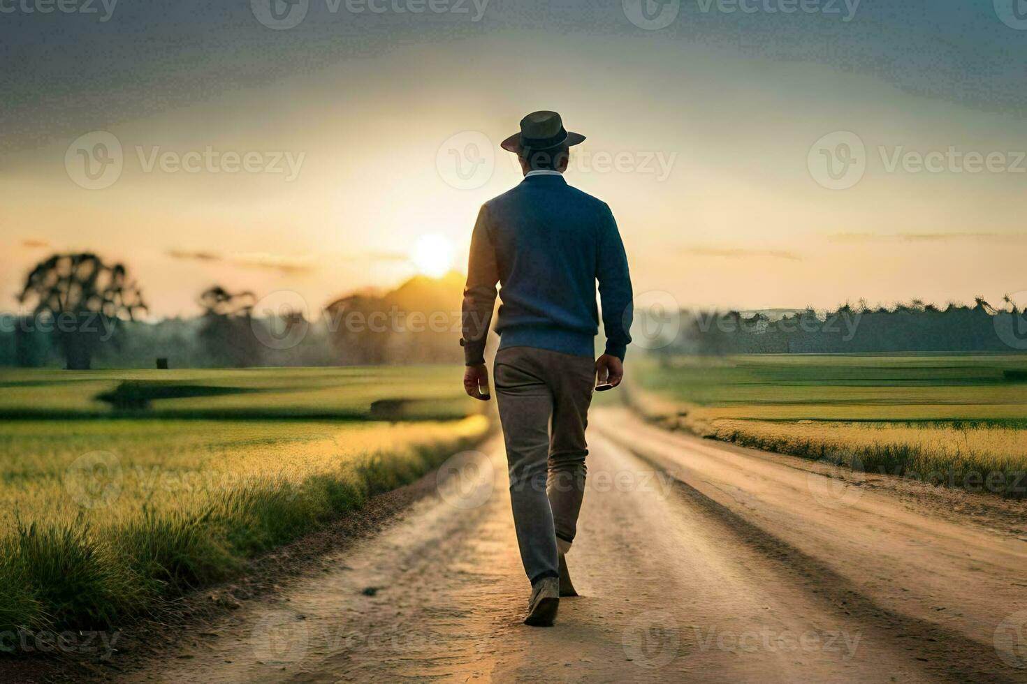 un hombre caminando abajo un suciedad la carretera a puesta de sol. generado por ai foto