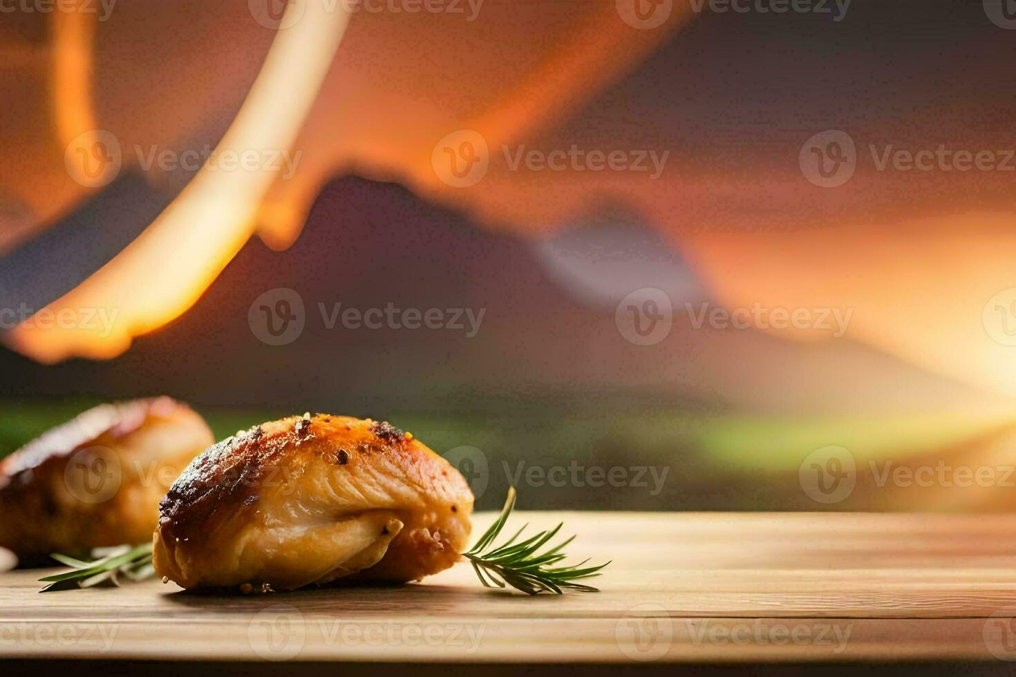 two pieces of chicken on a wooden table with a sunset in the background. AI-Generated photo