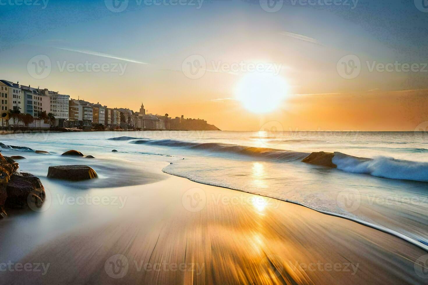 the sun rises over the ocean and buildings in the background. AI-Generated photo