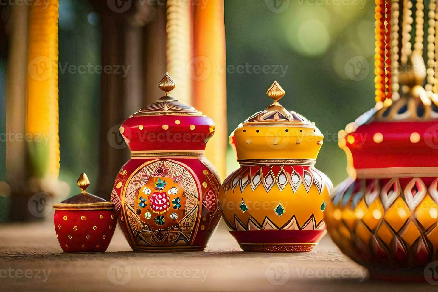three colorful vases with gold and red designs. AI-Generated photo