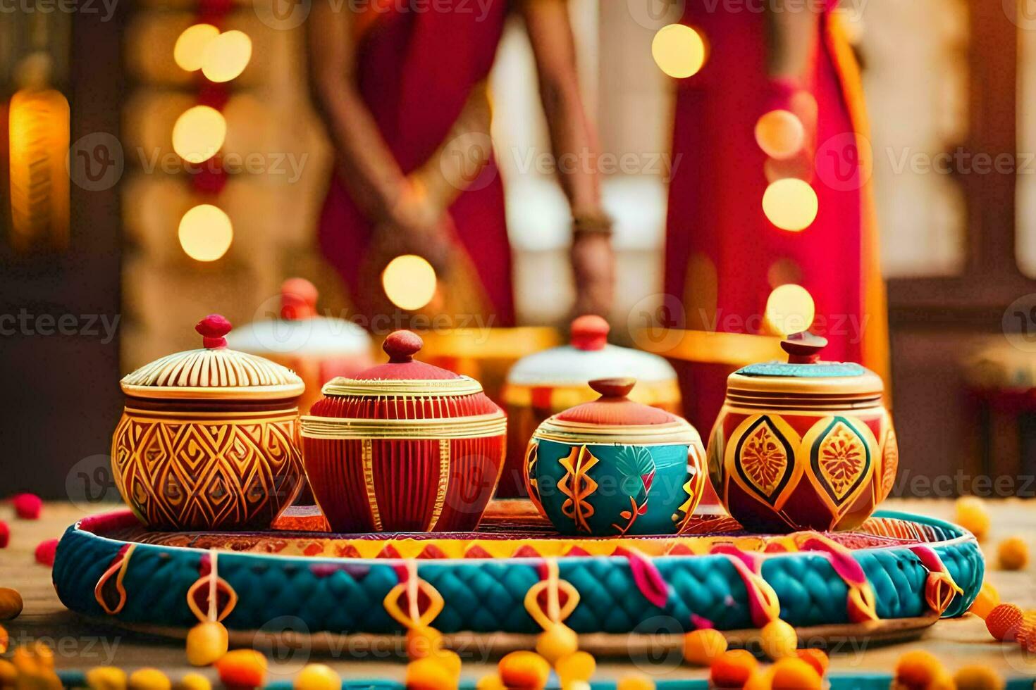 indian wedding decorations with colorful pots and bowls. AI-Generated photo