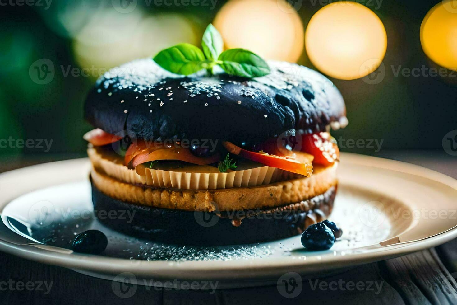a chocolate cake with berries and mint on a plate. AI-Generated photo