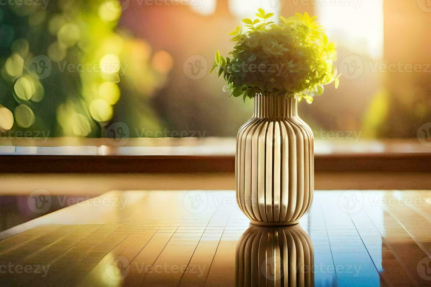 a vase with a plant in it on a table. AI-Generated photo
