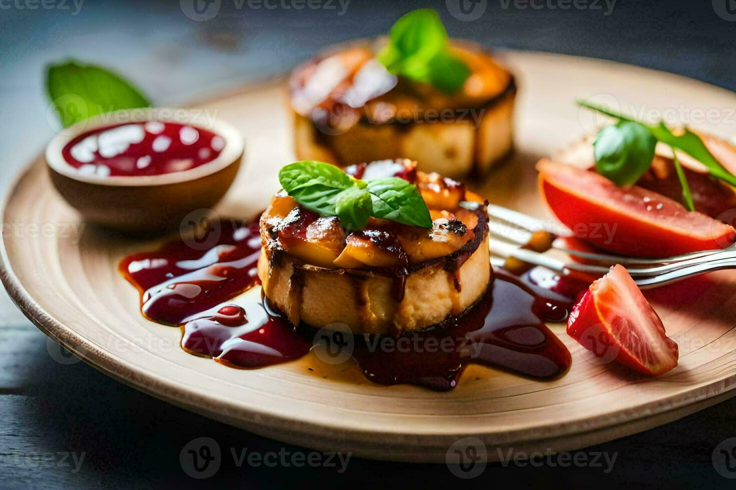 three pieces of food on a plate with sauce. AI-Generated photo