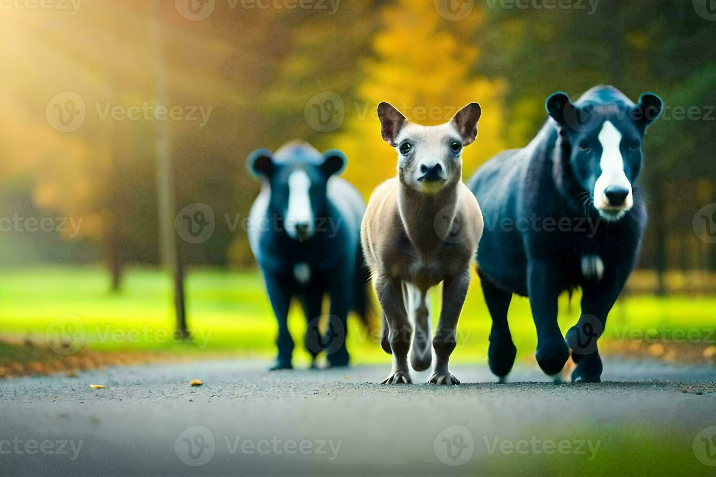 three dogs walking on a road in the woods. AI-Generated photo
