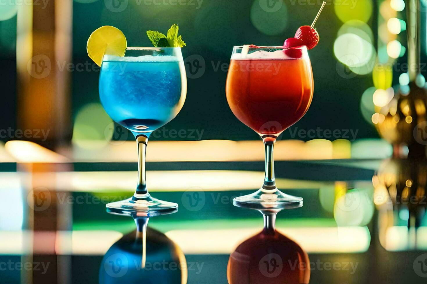 two glasses of cocktails on a table. AI-Generated photo