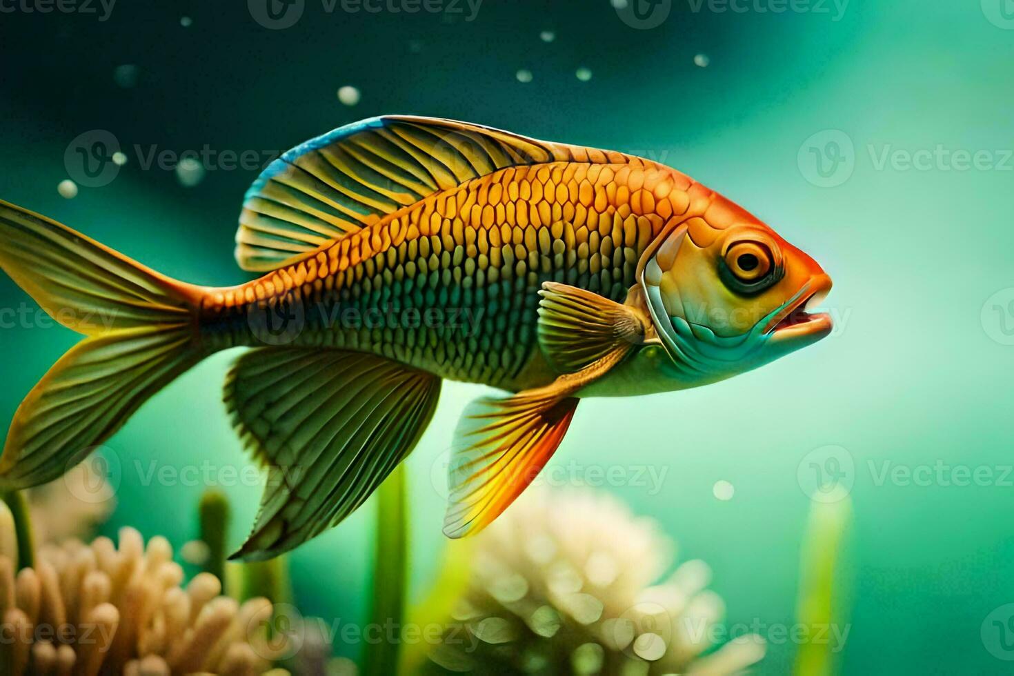 a fish swimming in the ocean with plants. AI-Generated photo