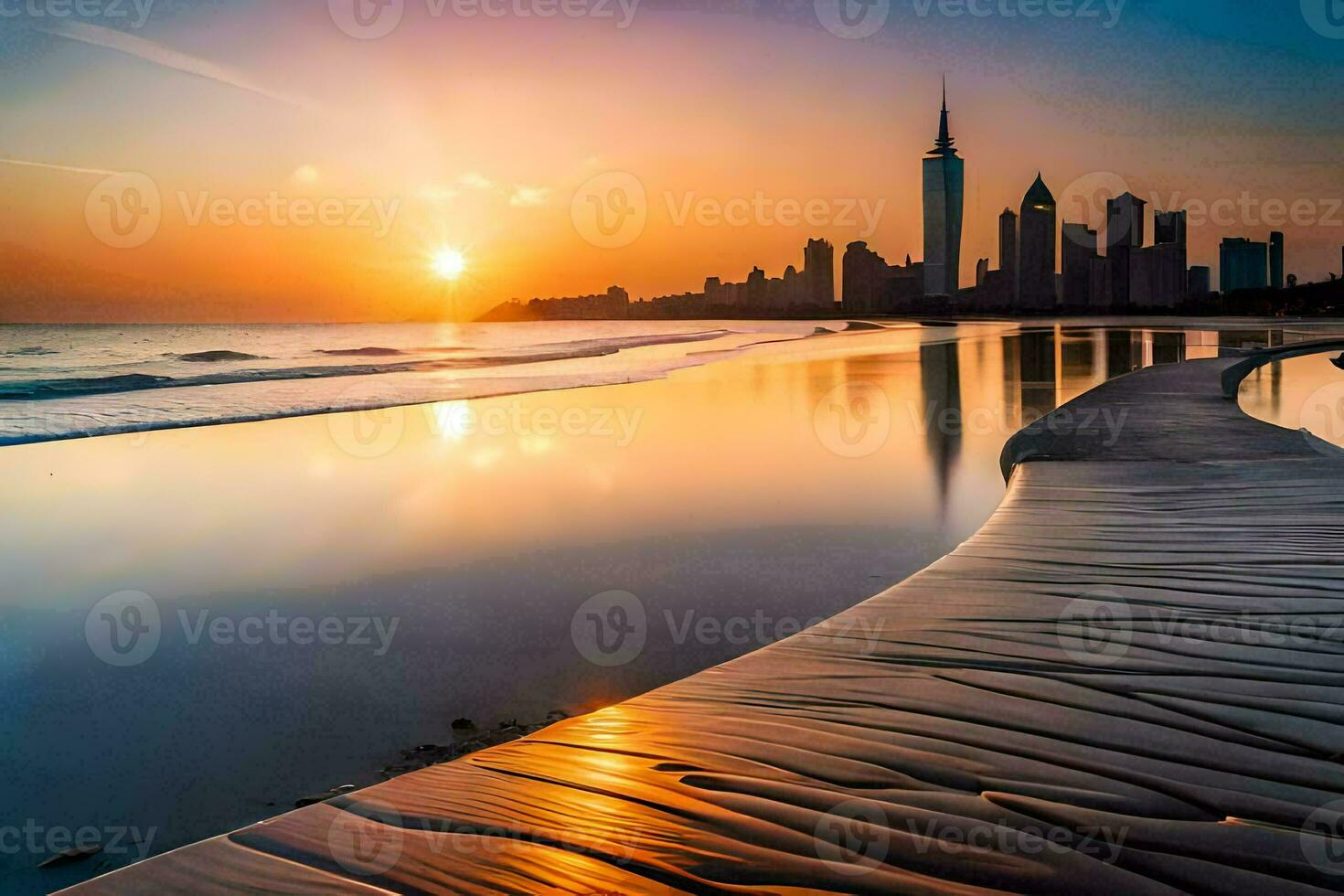 the sun sets over the city skyline in dubai. AI-Generated photo