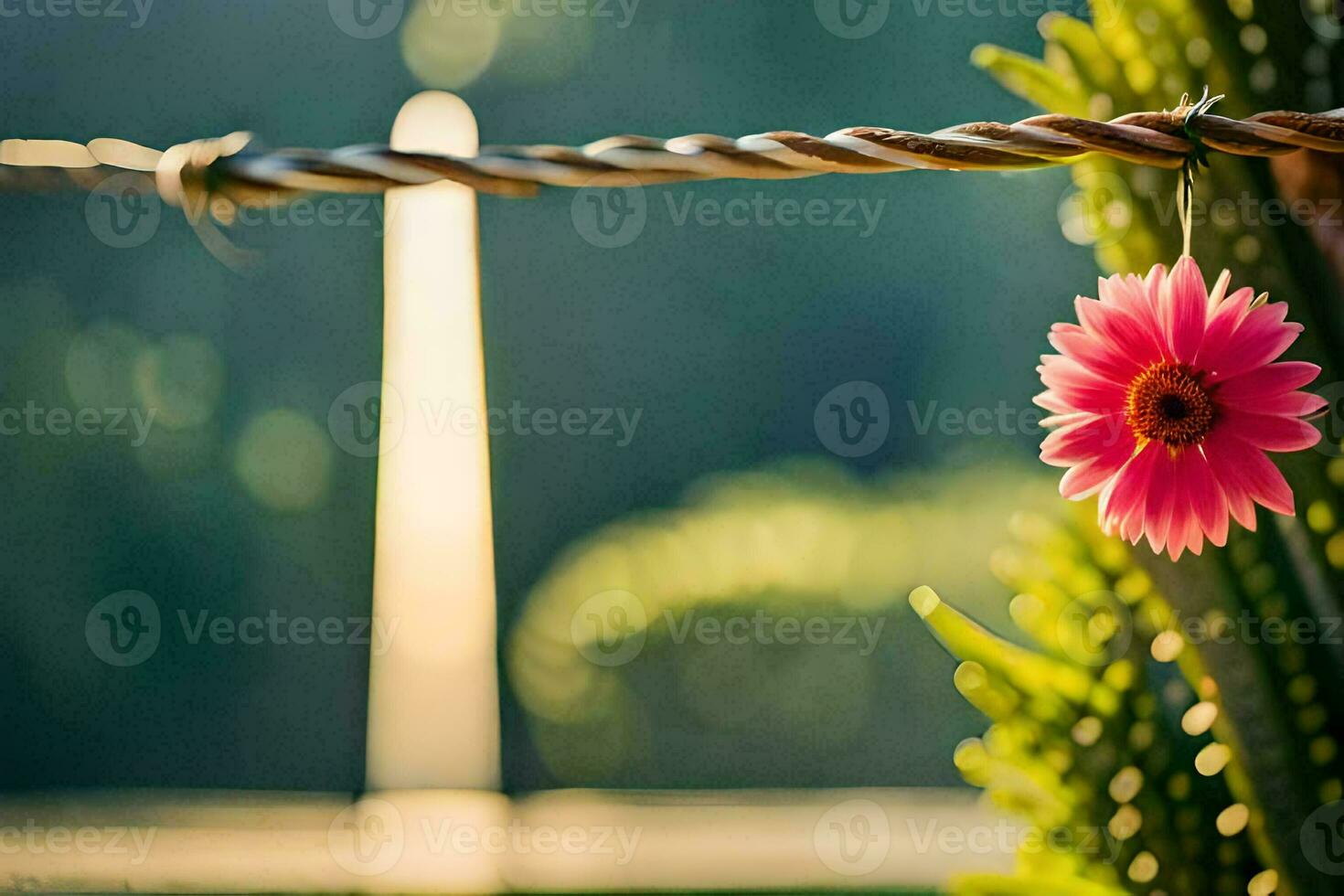 a pink flower is hanging from a wire. AI-Generated photo