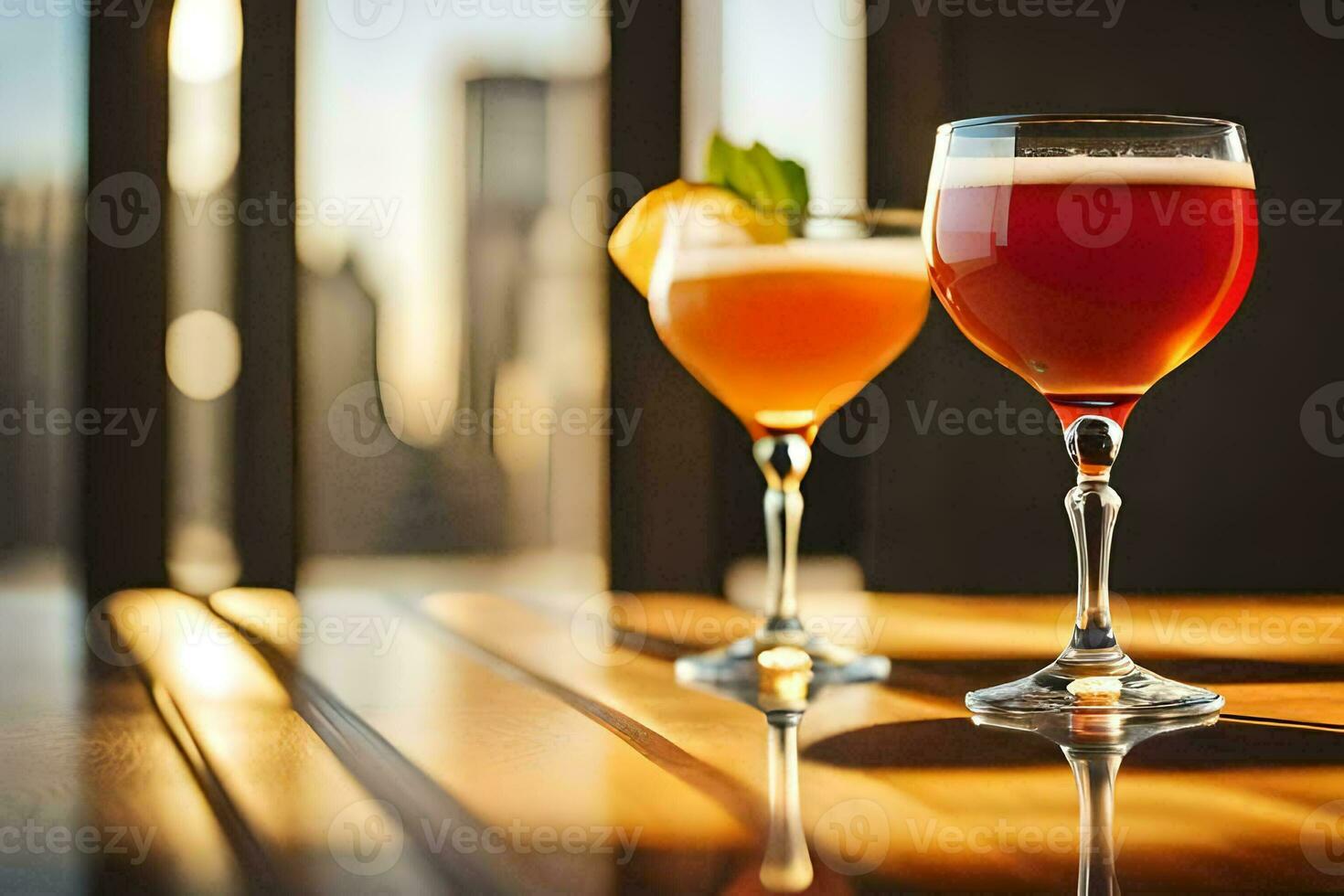 two glasses of different drinks sit on a table. AI-Generated photo