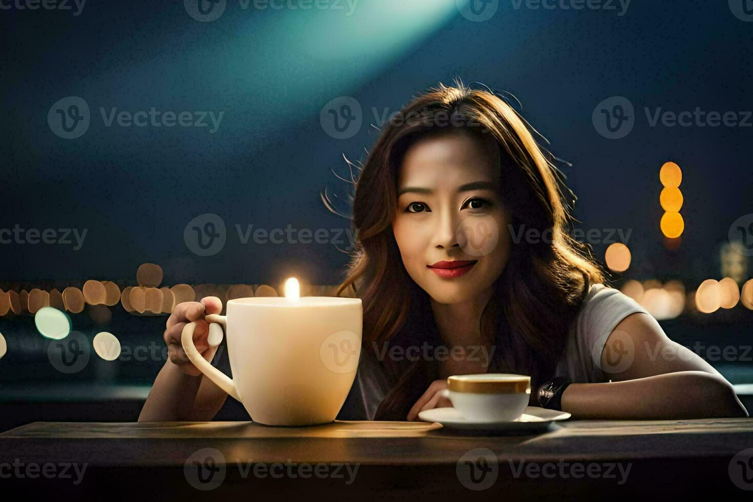 a woman holding a cup of coffee and a lit candle. AI-Generated photo