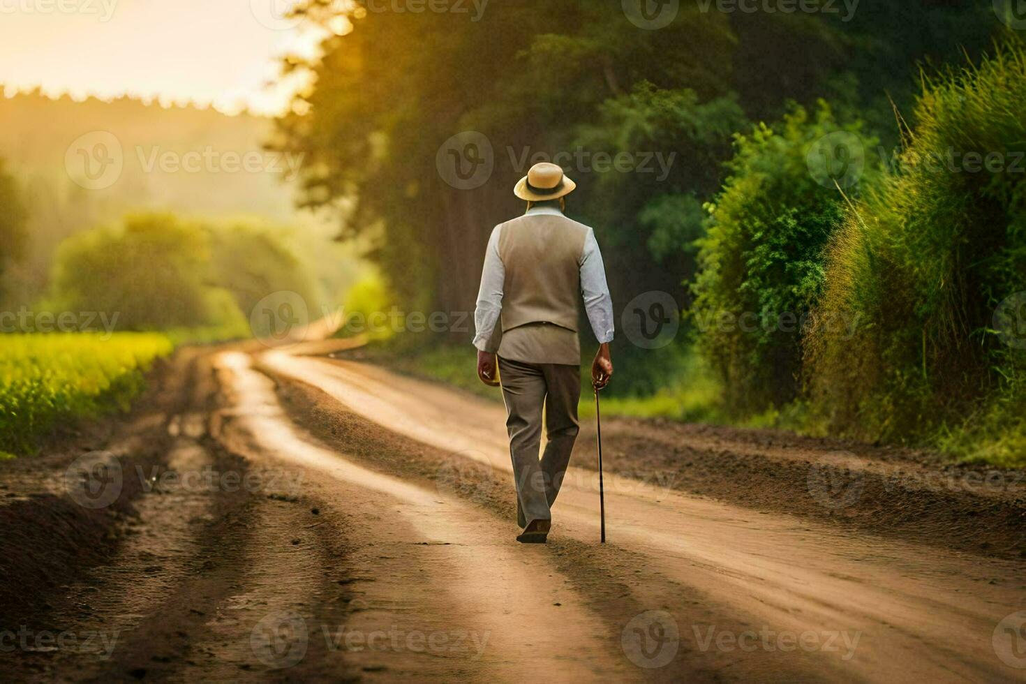 a man walking down a dirt road with a cane. AI-Generated photo