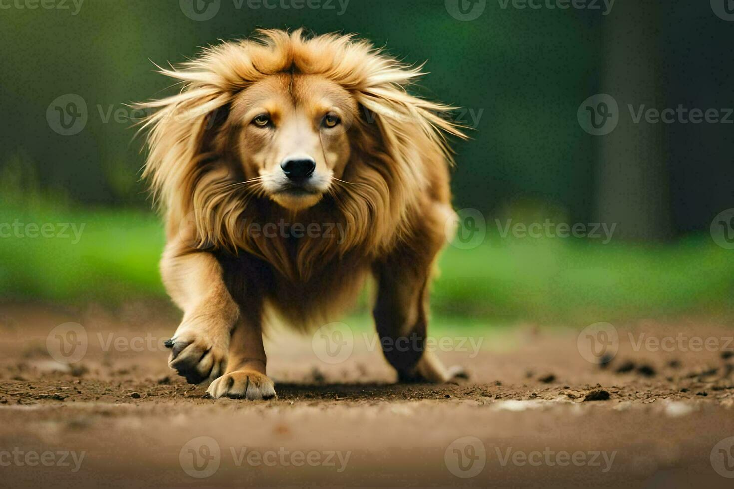 un león caminando en un suciedad la carretera. generado por ai foto