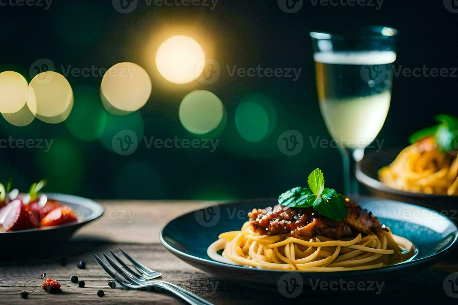spaghetti with meat sauce and vegetables on a wooden table. AI-Generated photo