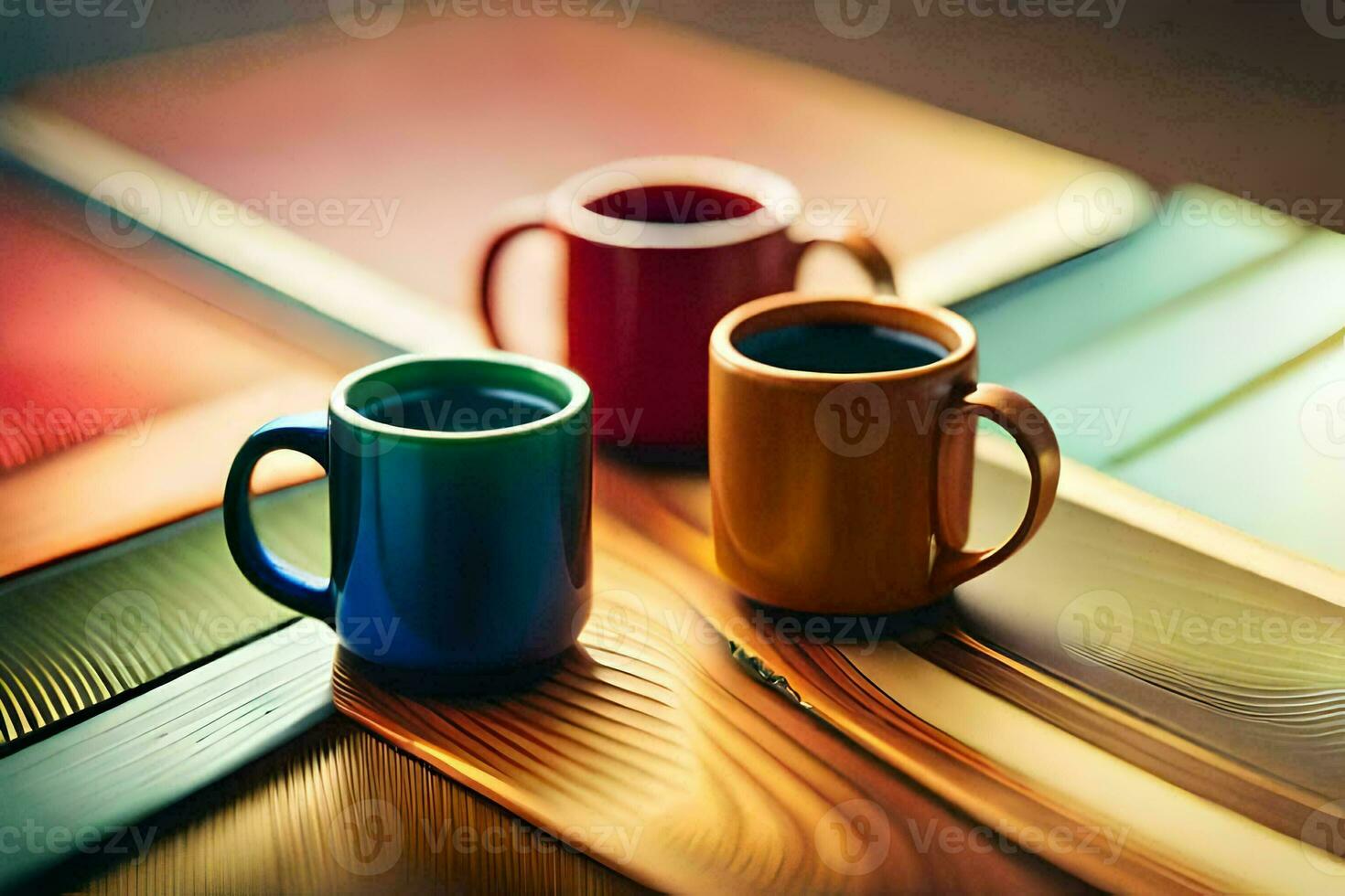 three colorful coffee mugs sit on a wooden table. AI-Generated photo