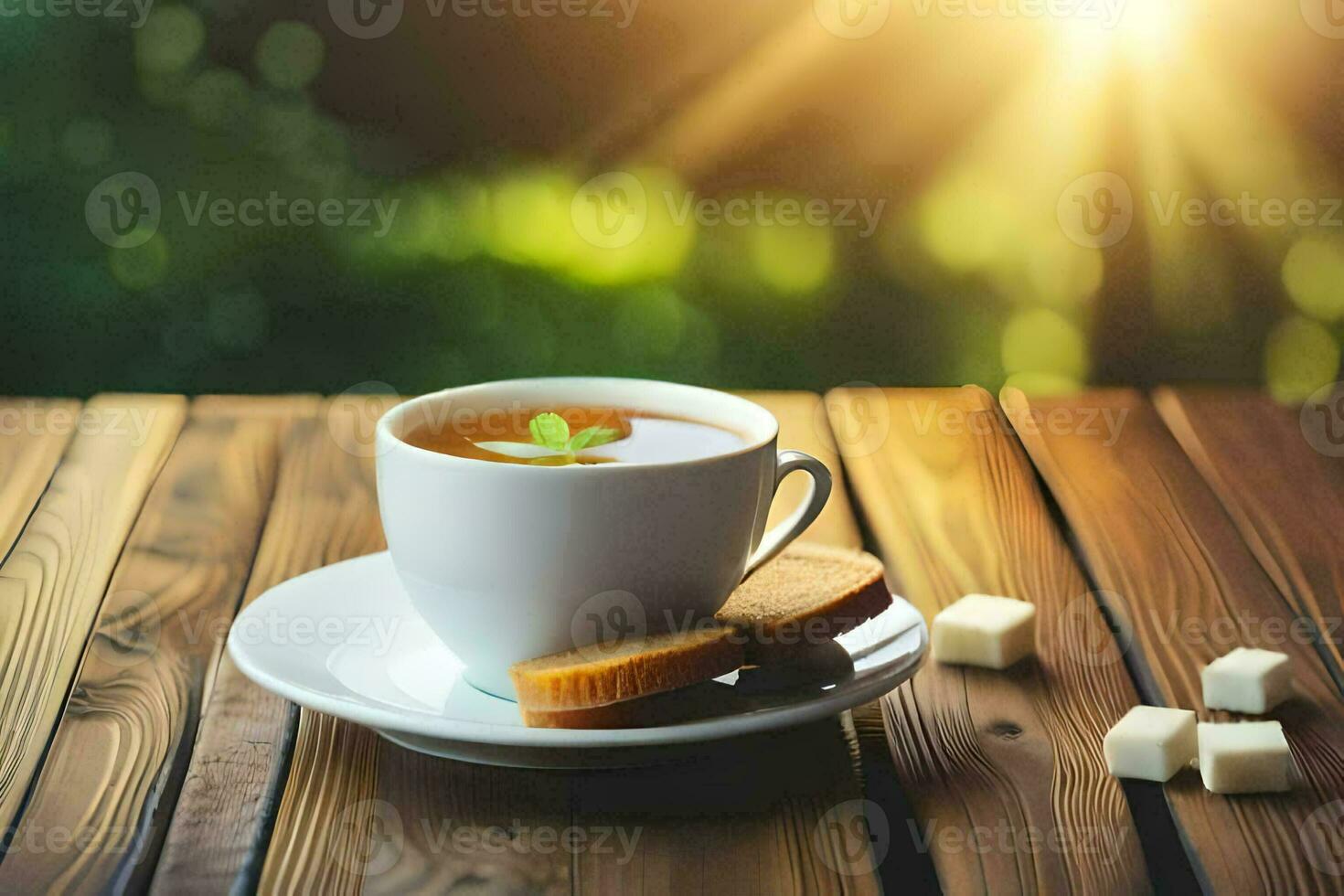 a cup of tea on a wooden table with a slice of bread and a piece of sugar. AI-Generated photo