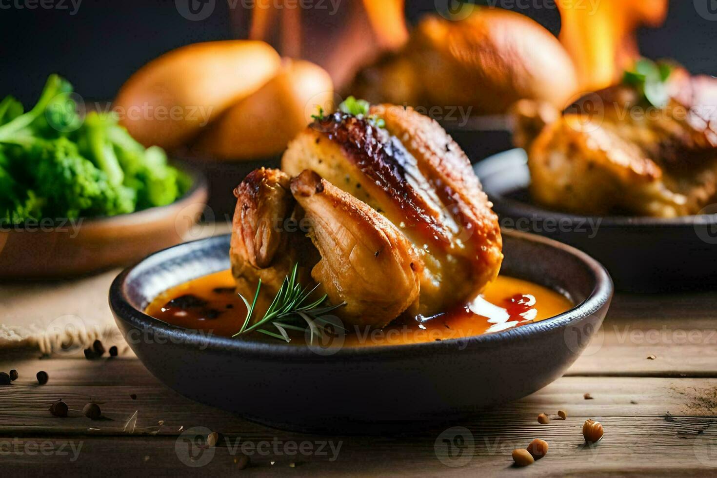 chicken in a bowl with broccoli and sauce. AI-Generated photo