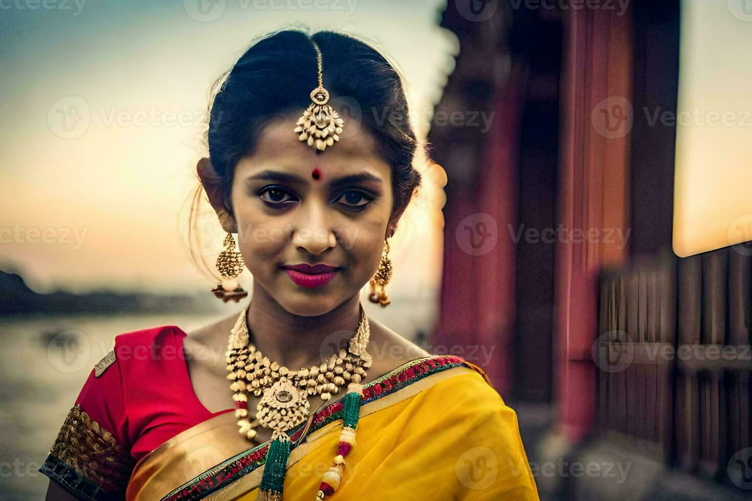 a beautiful young woman in a traditional sari. AI-Generated photo