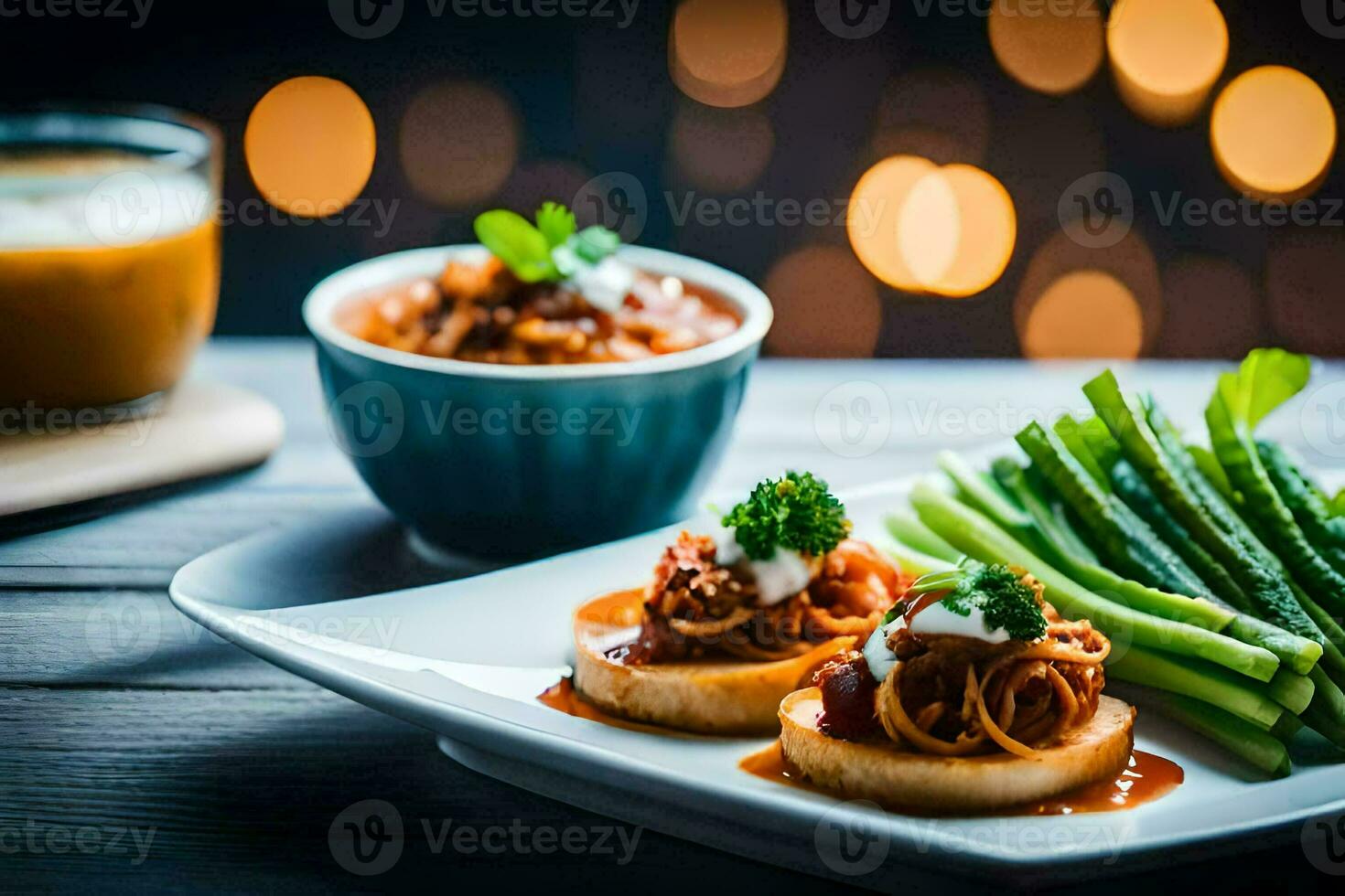 un plato de comida con espaguetis y verde frijoles. generado por ai foto