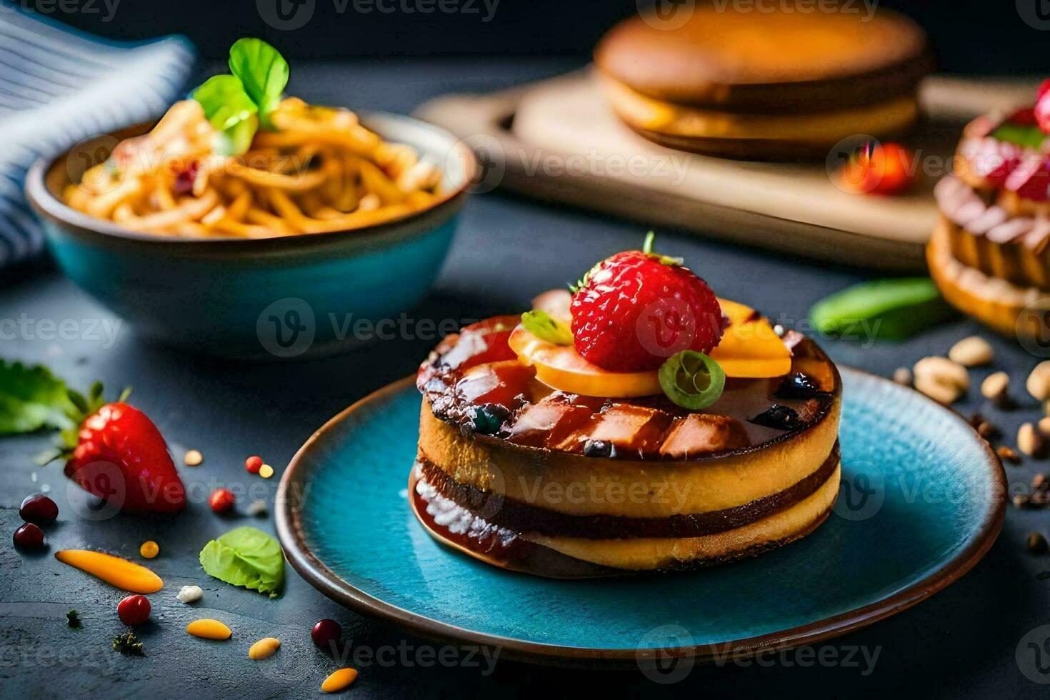 a plate with a cake and strawberries. AI-Generated photo