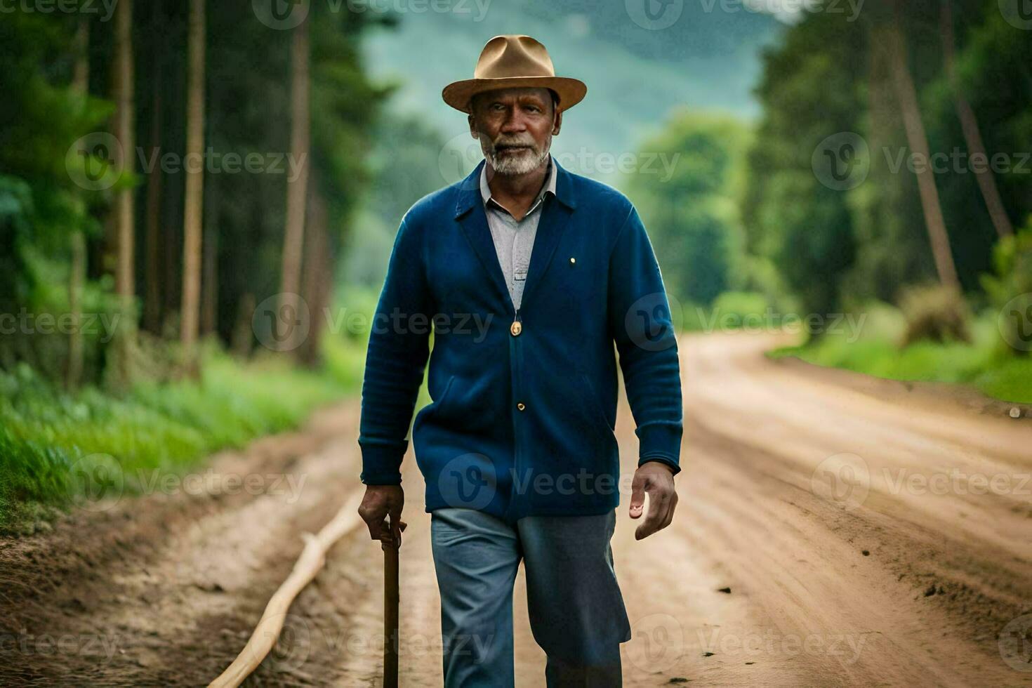 un más viejo hombre caminando abajo un suciedad la carretera con un caña. generado por ai foto