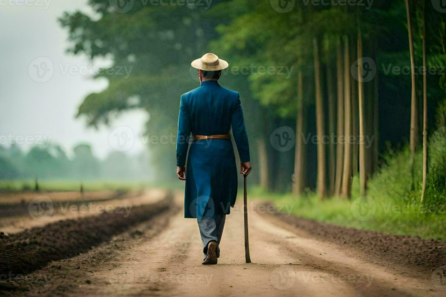 a man in a blue suit and hat walking down a dirt road. AI-Generated photo