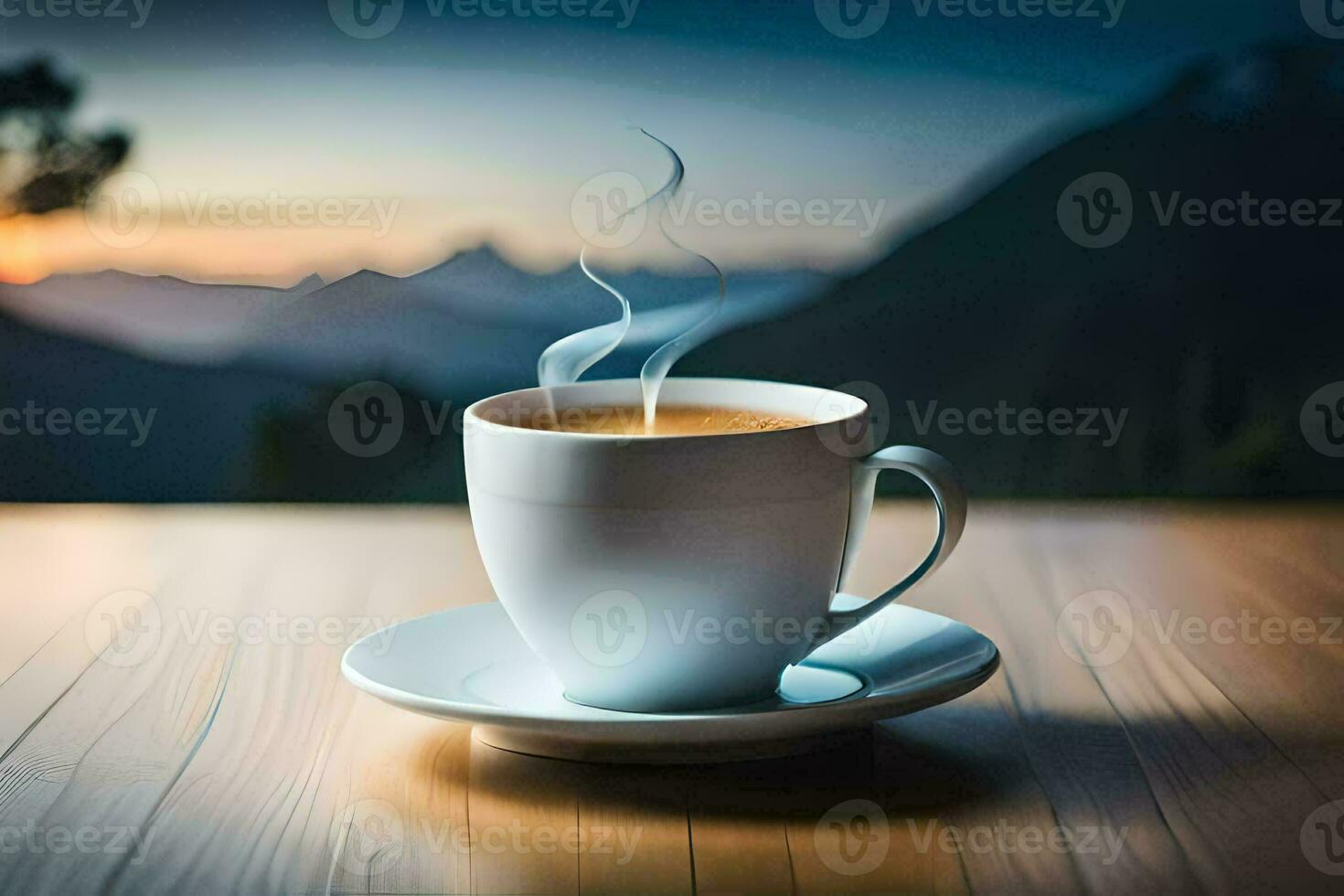 un taza de café en un mesa en el montañas. generado por ai foto