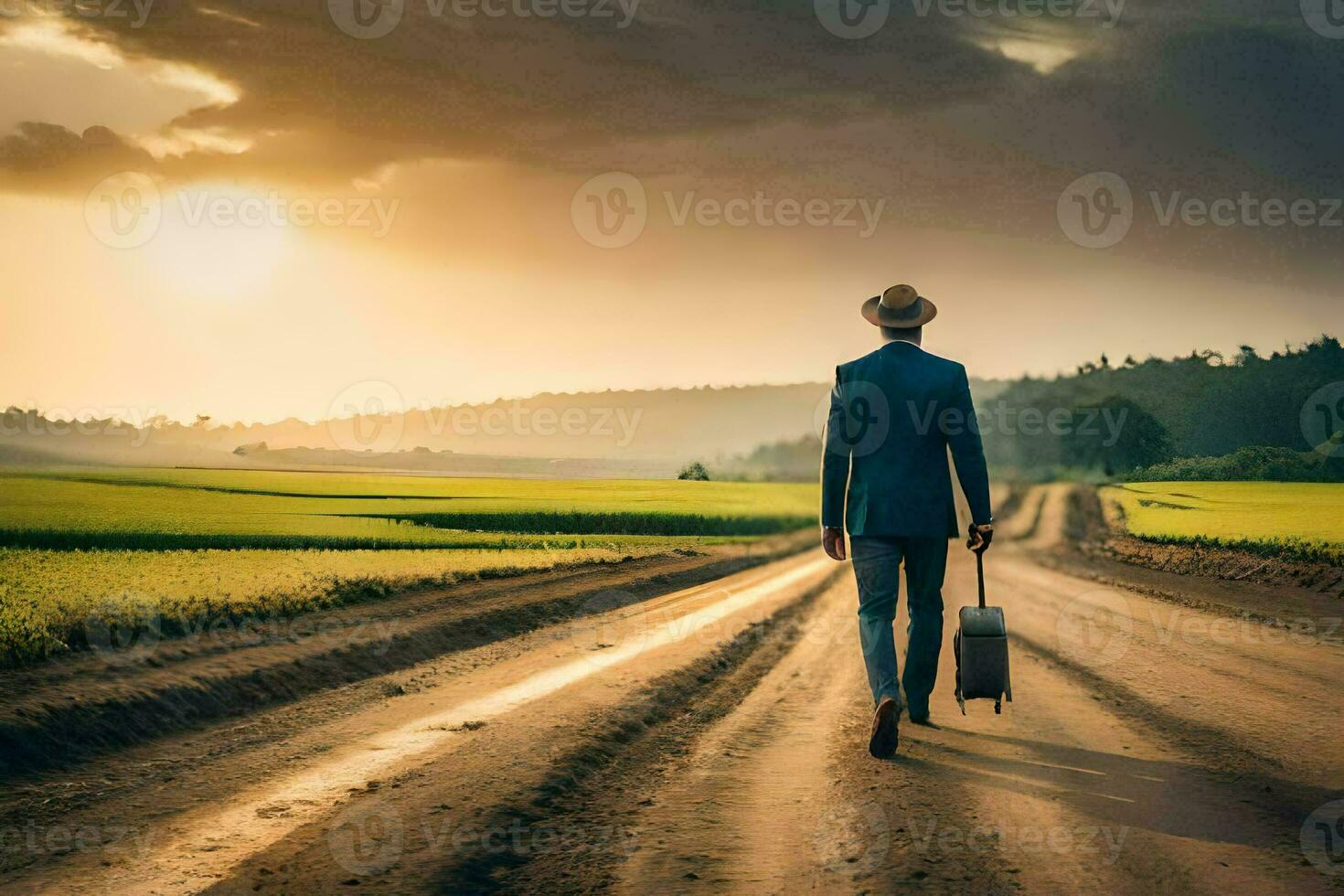 a man in a suit and hat walking down a dirt road. AI-Generated photo