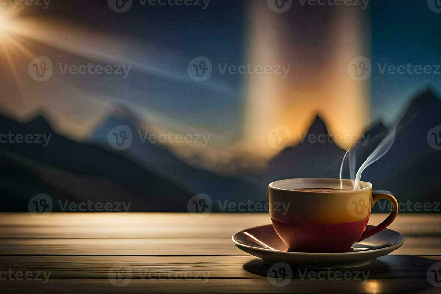 coffee cup, the sun, mountains, the sky, the sunrise, the mountains, the. AI-Generated photo