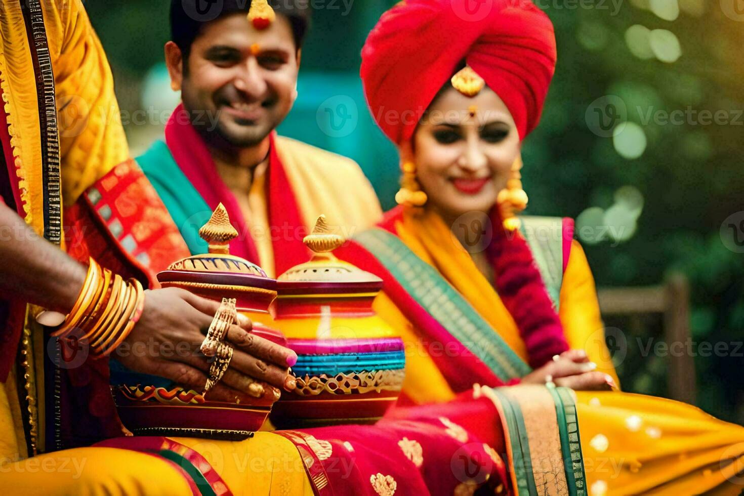 a couple in traditional indian attire is smiling. AI-Generated photo