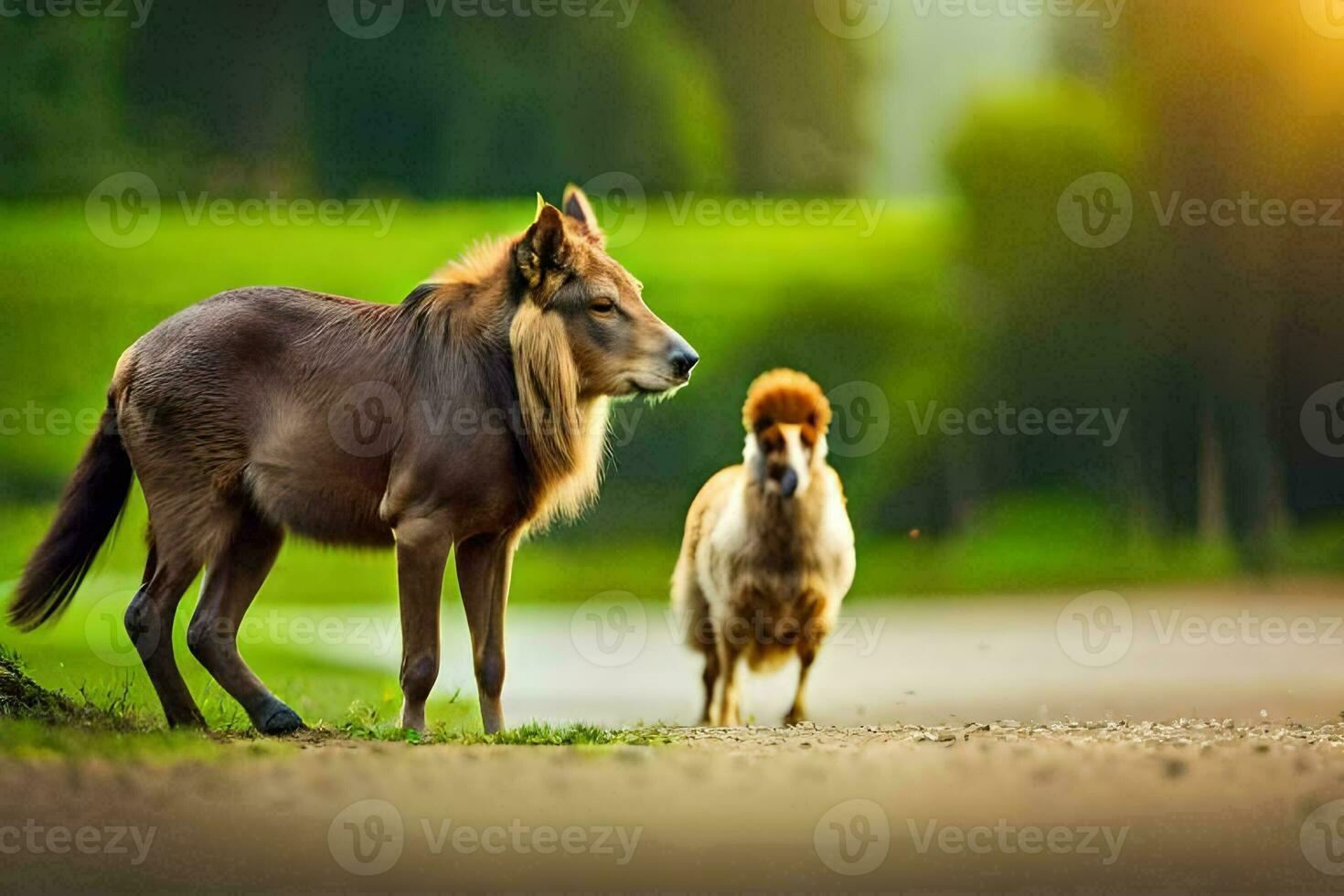 two small animals are standing on the road. AI-Generated photo