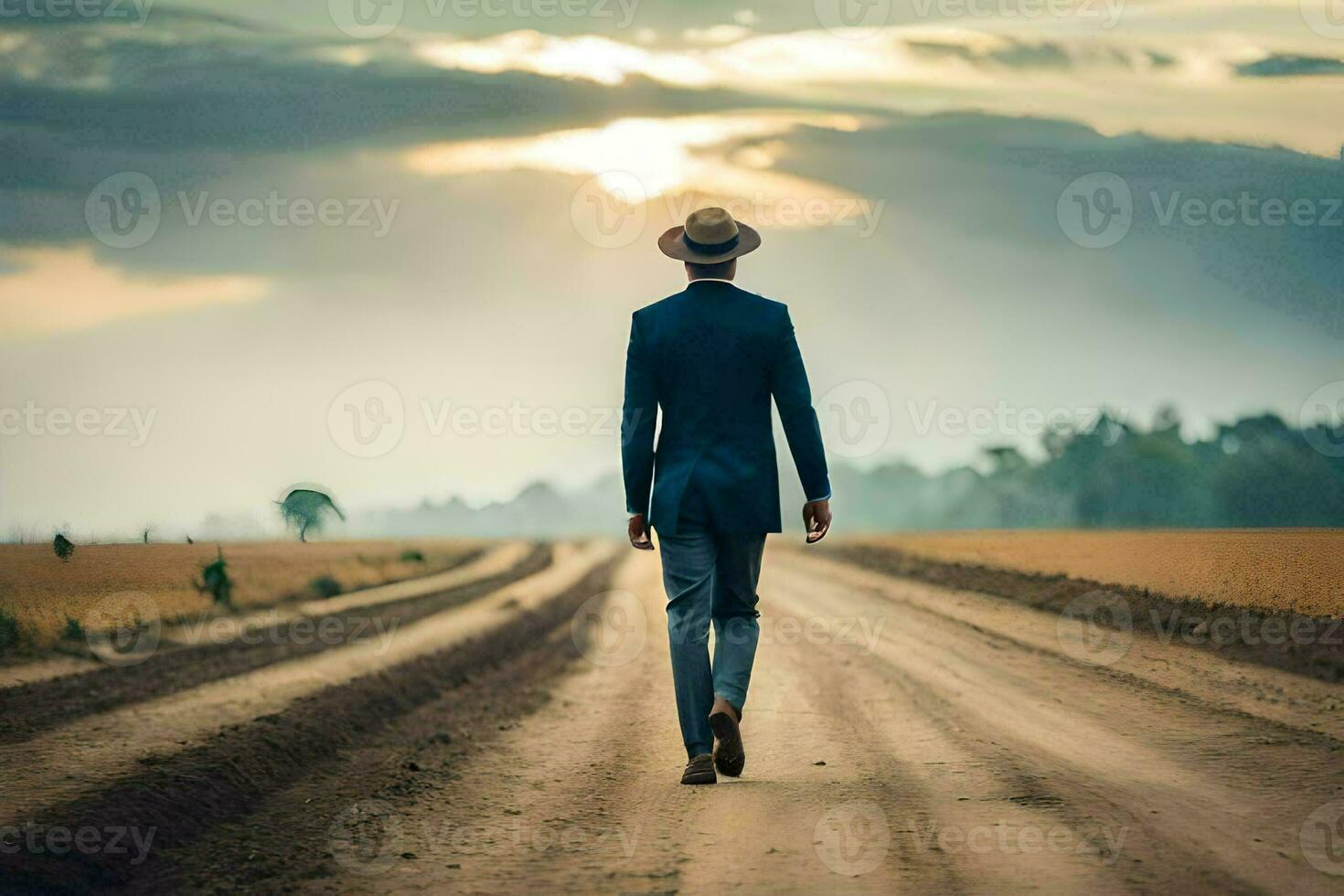 a man in a suit and hat walking down a dirt road. AI-Generated photo