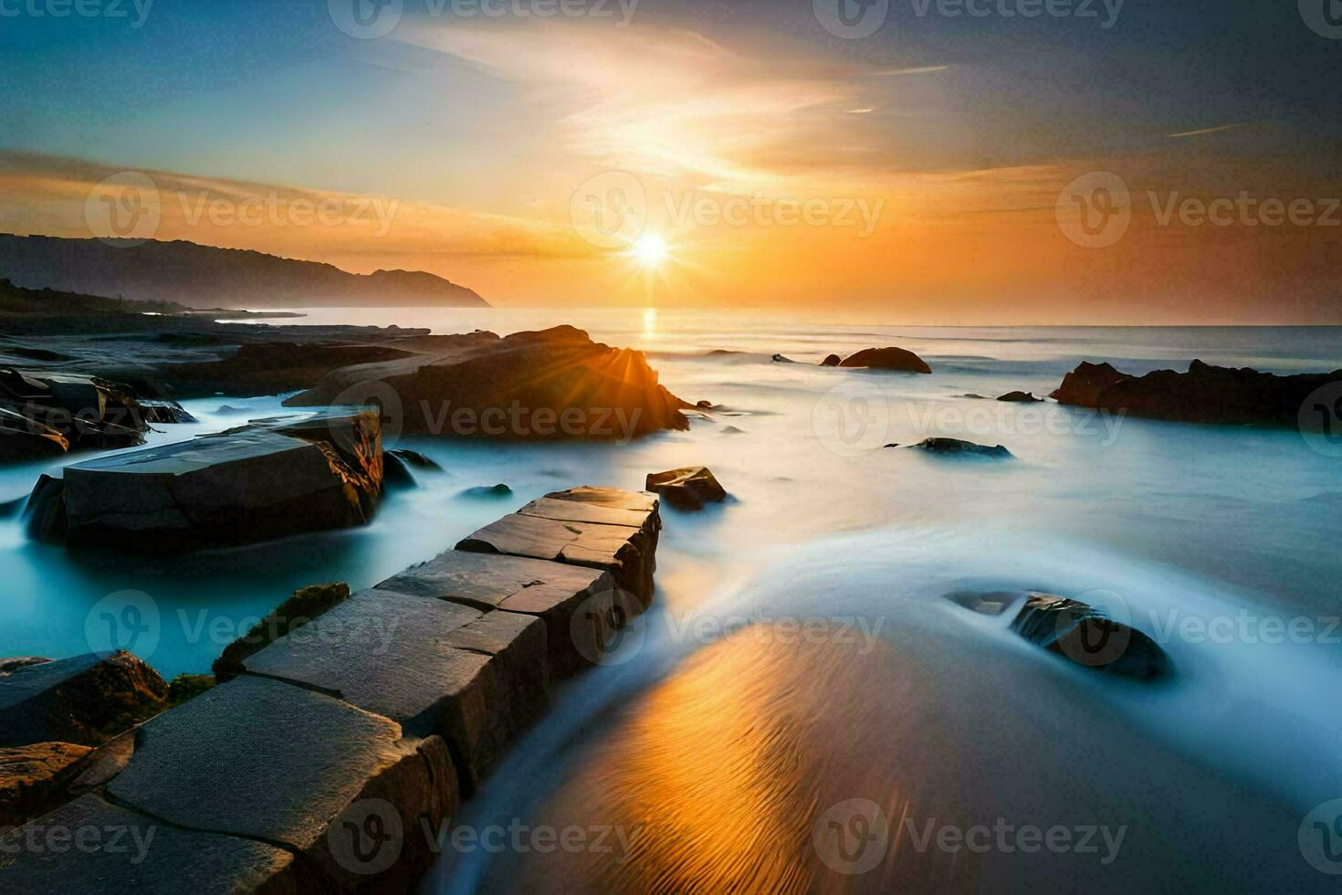 el Dom sube terminado el Oceano en esta largo exposición fotografía. generado por ai foto