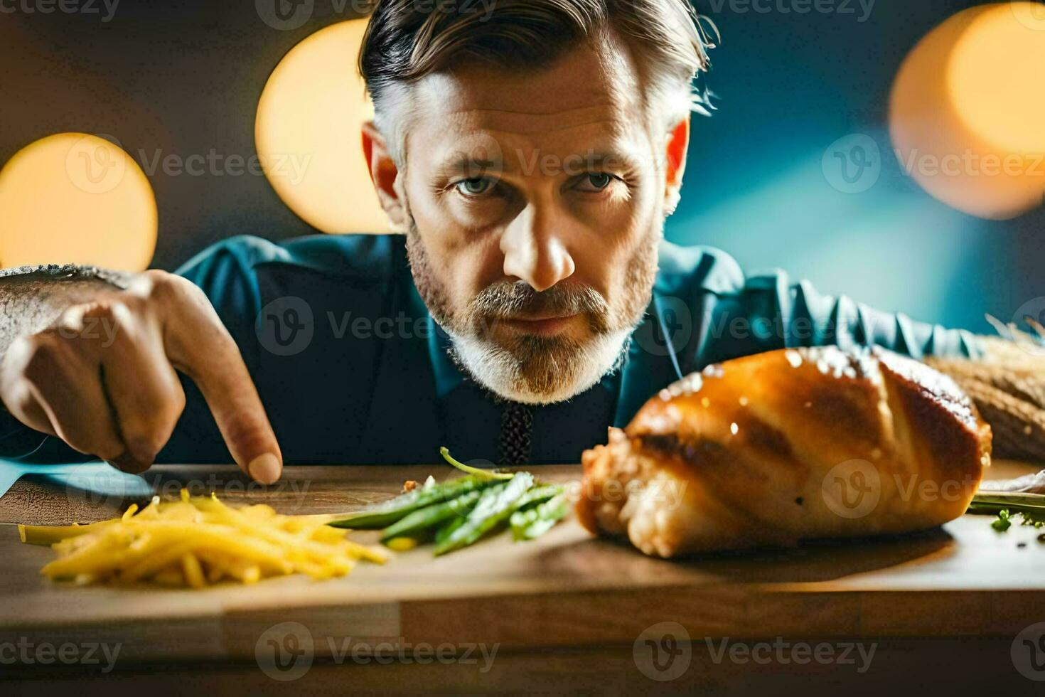 a man is pointing at a roasted chicken on a cutting board. AI-Generated photo
