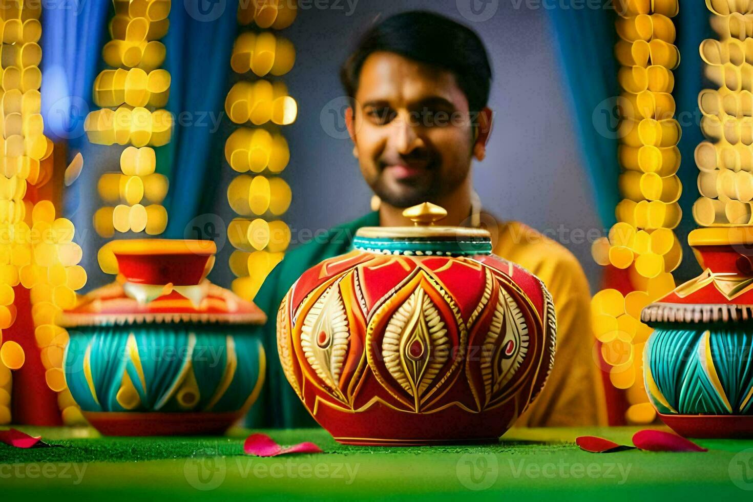 a man is sitting in front of a colorful pottery. AI-Generated photo