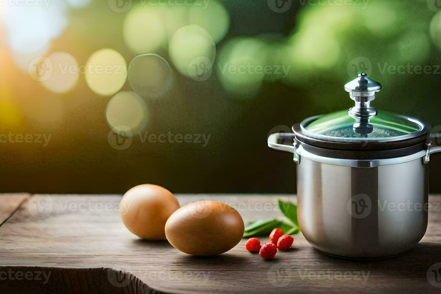 a pot with eggs and tomatoes on a table. AI-Generated photo