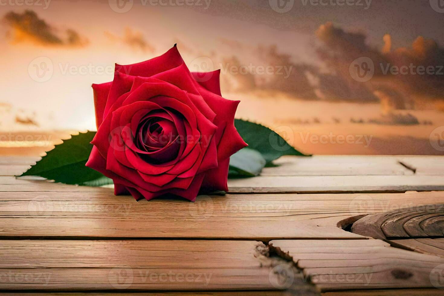 a single red rose sits on a wooden table in front of a sunset. AI-Generated photo