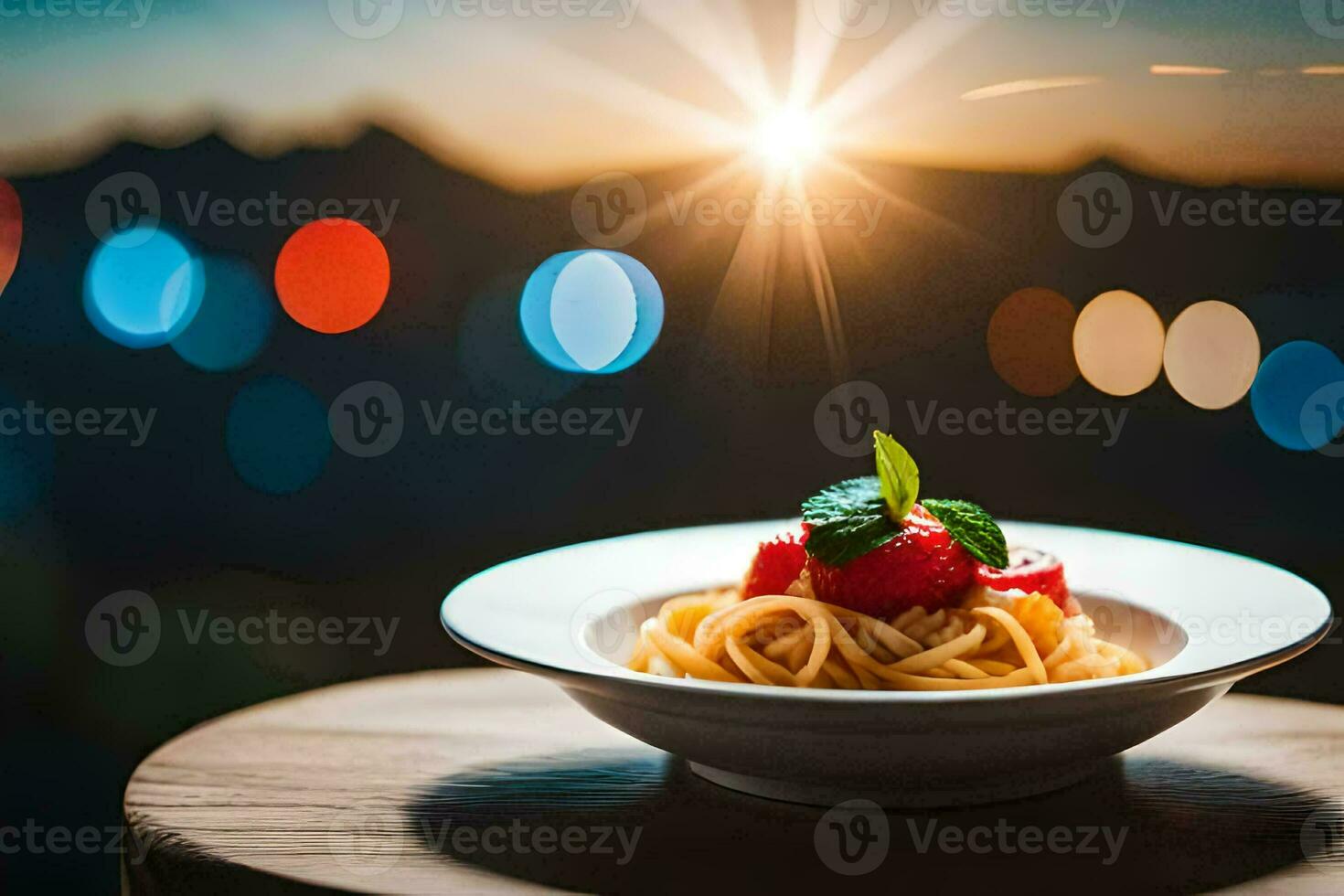 spaghetti in a white bowl with a view of the sunset. AI-Generated photo
