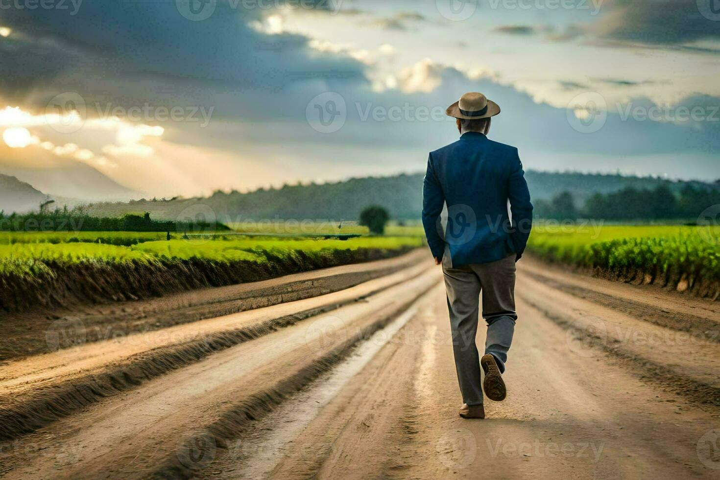 a man in a suit and hat walks down a dirt road. AI-Generated photo