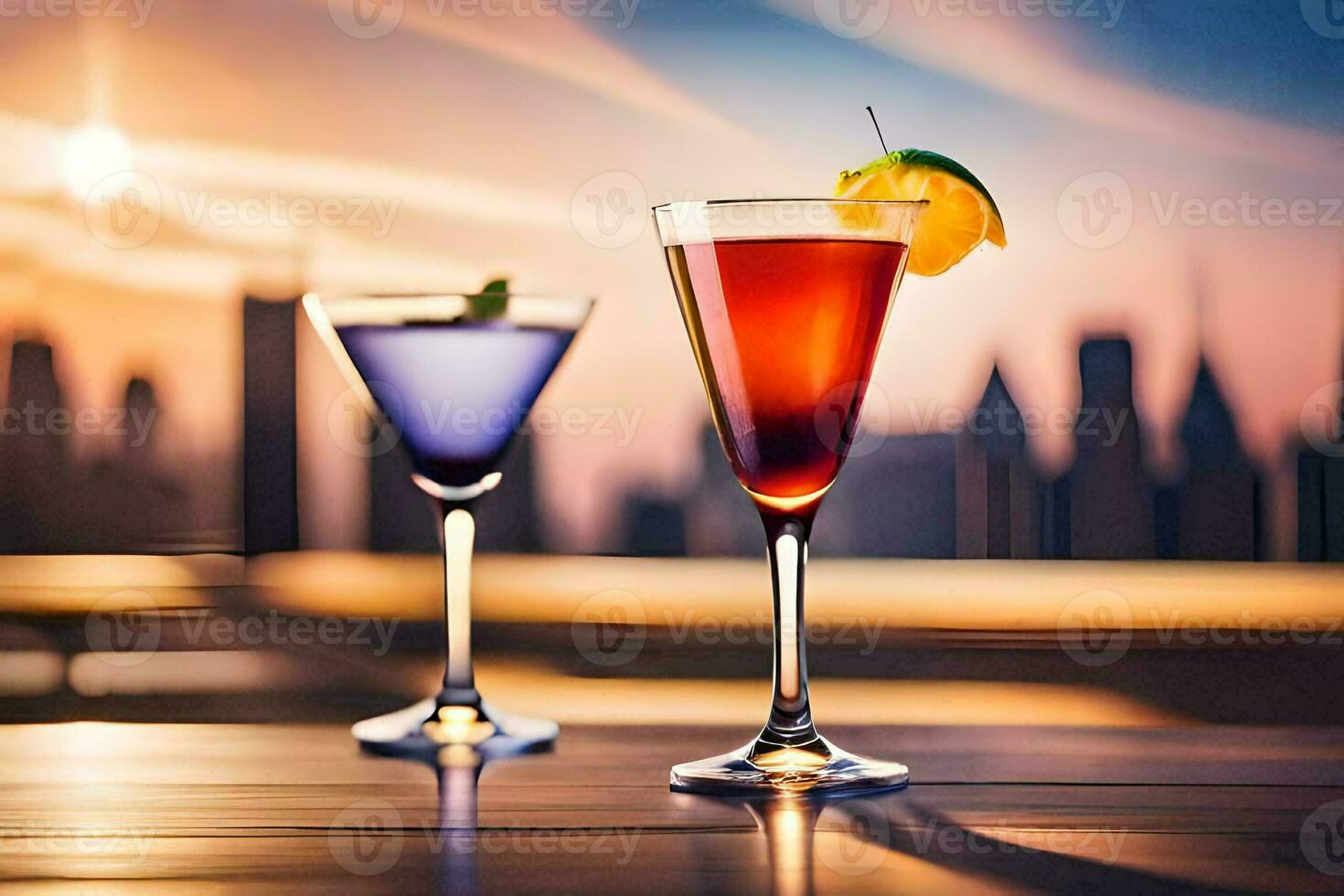 two cocktails on a table with a city skyline in the background. AI-Generated photo
