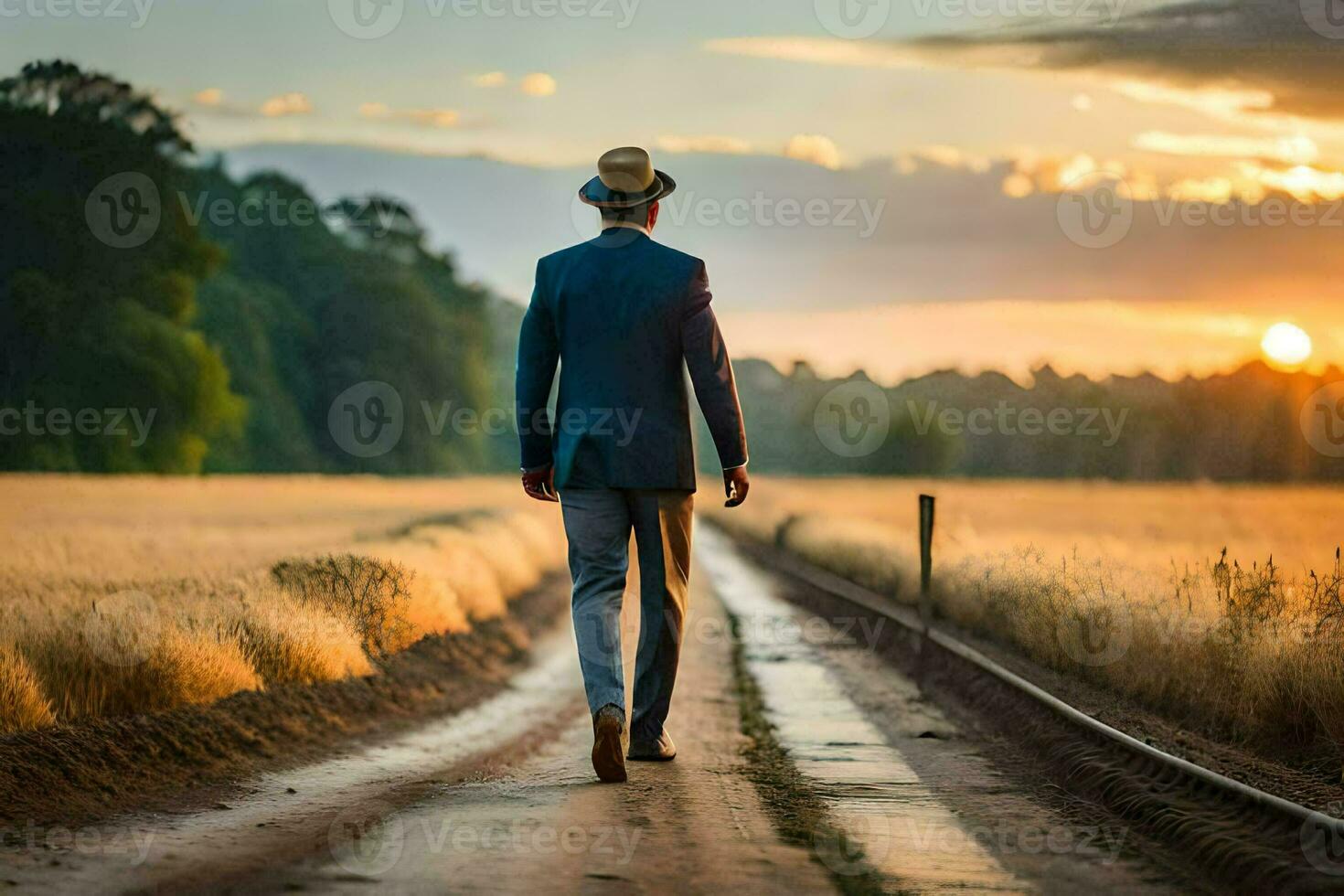 a man in a suit and hat walks down a dirt road. AI-Generated photo