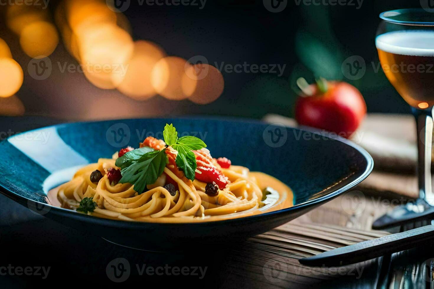 spaghetti with tomato sauce and basil leaves in a bowl. AI-Generated photo