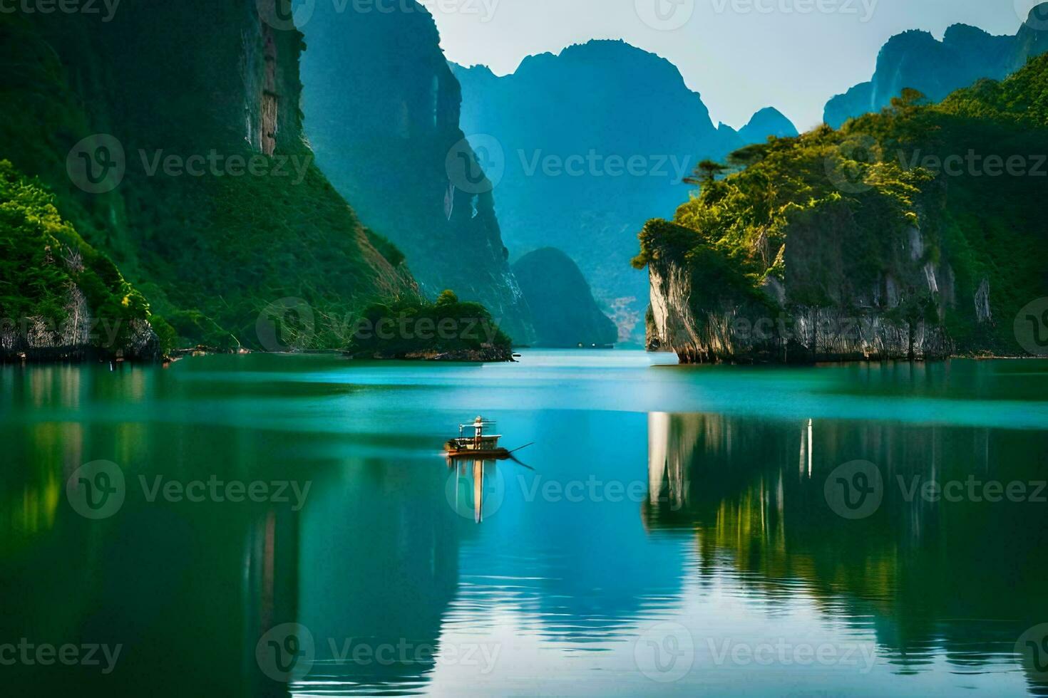 a boat is floating in the water near mountains. AI-Generated photo