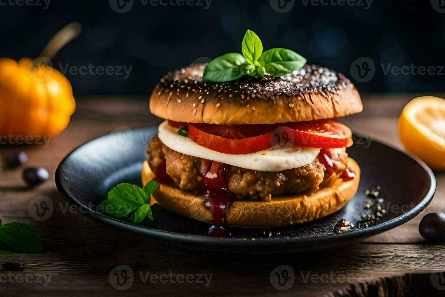 a turkey burger with tomatoes and cheese on a black plate. AI-Generated photo
