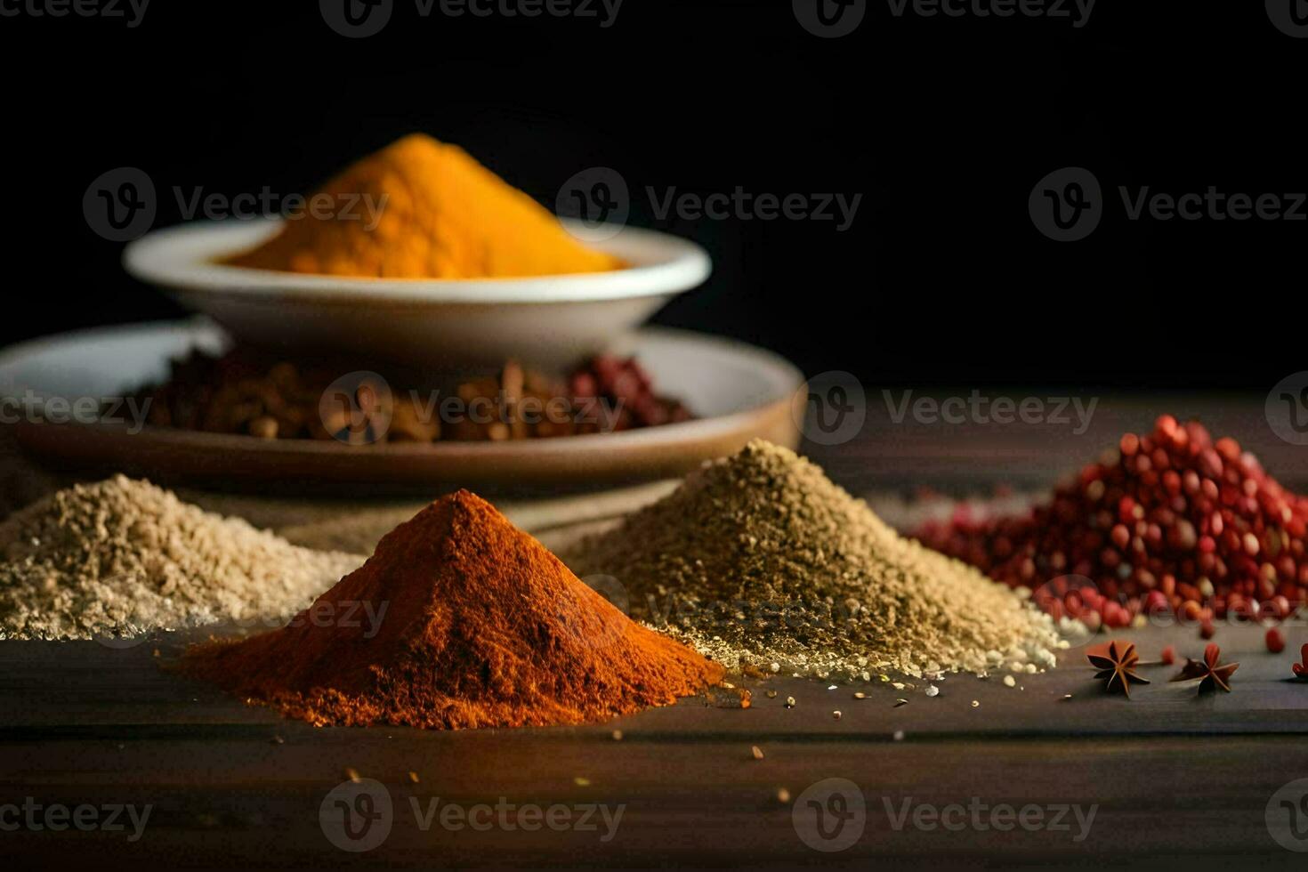 spices and spices on a wooden table. AI-Generated photo