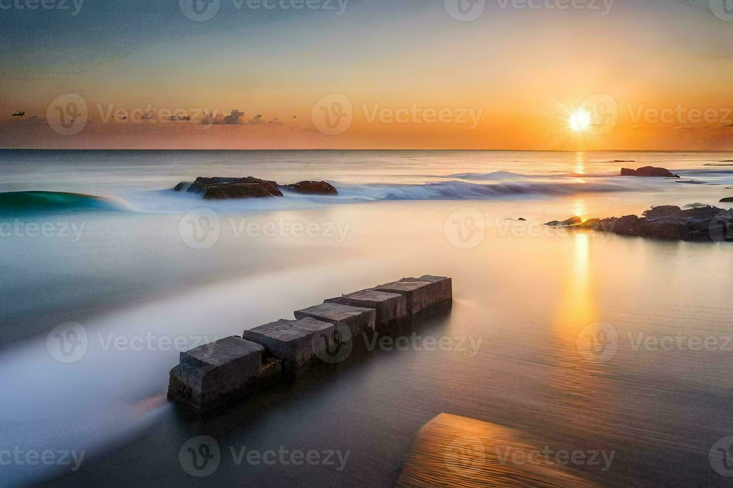 a long exposure photograph of the sun setting over the ocean. AI-Generated photo