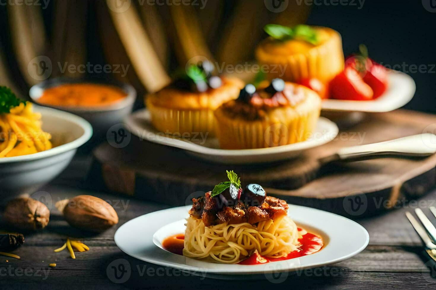 spaghetti with tomato sauce and meatballs on a plate. AI-Generated photo