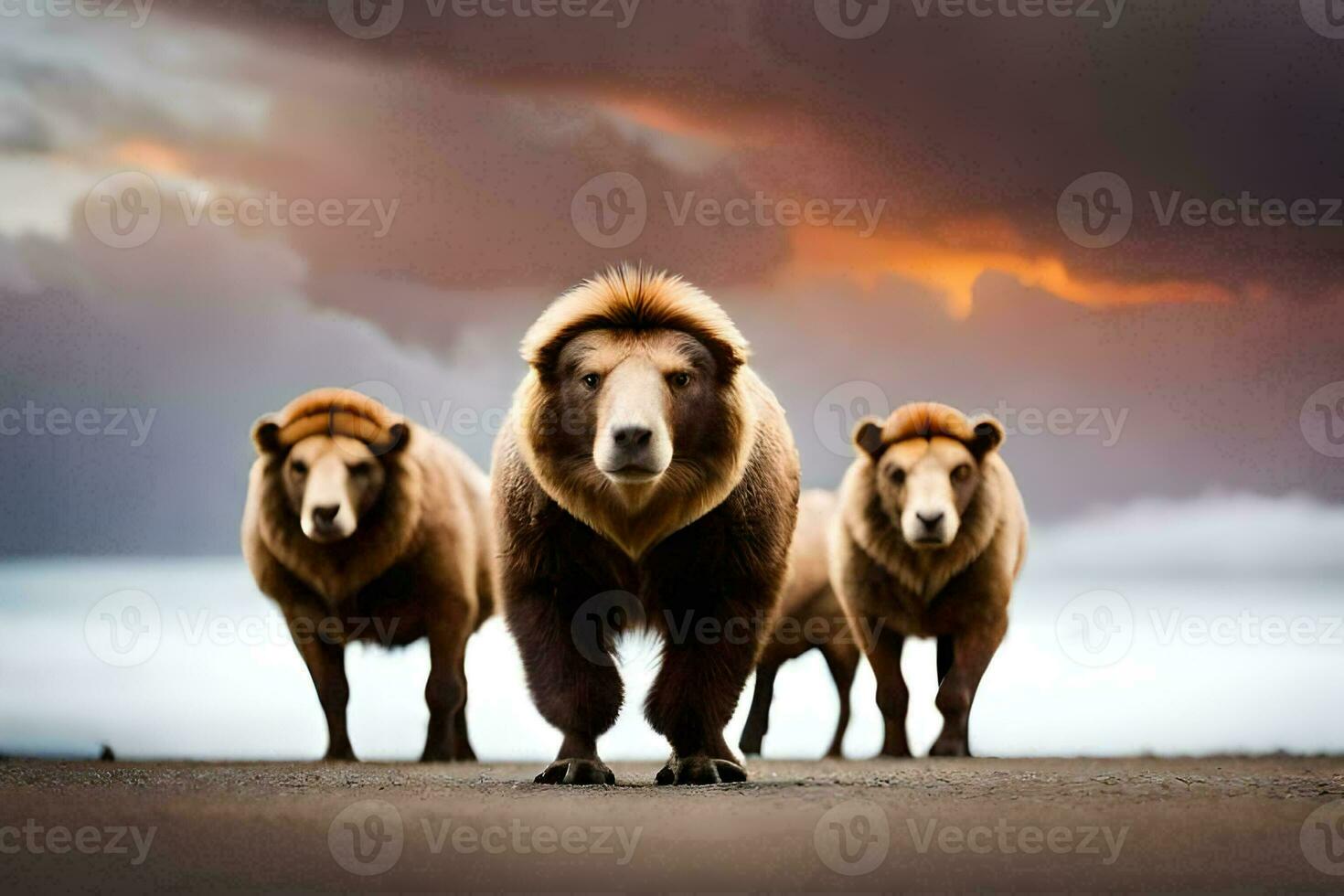 three brown bears walking in front of a dark sky. AI-Generated photo